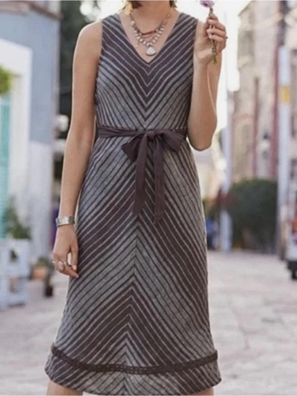 Sundance Allende Linen Sleeveless Midi Dress, Chevron Striped Pattern, Size 6